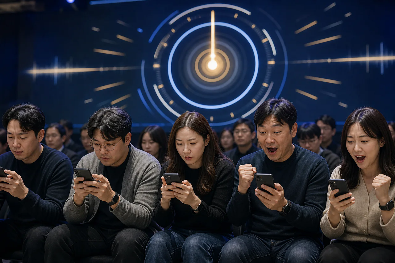 휴대폰 타이밍 게임에 집중하고 결과에 환호하는 참가자들